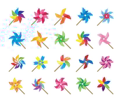 Pinwheel toy. Cartoon paper windmill colorful baby toy rotated by wind energy, cute pinned wheel summer toy collection. Vector origami fan set