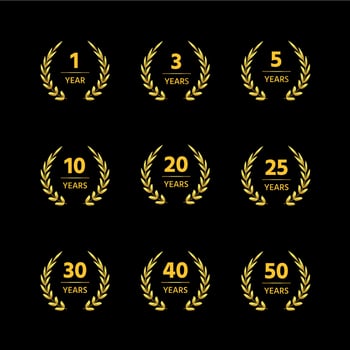 Anniversary wreath. Golden laurel and olive branch round frame decorative elements for jubilee and award celebrating. Vector golden seal label set