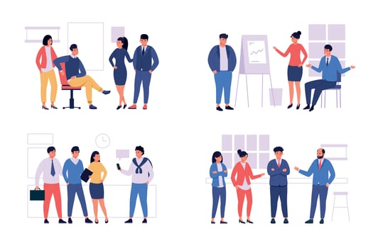 Office team group. Business people standing together and communicating, happy successful diverse corporate employees. Vector coworkers and partnership concept