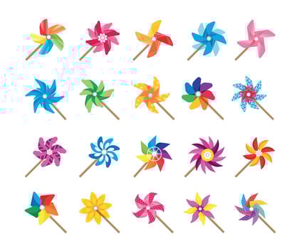 Cartoon windmill toy. Pinwheel spinner cute summer baby toy collection propelled by wind breeze. Vector colorful paper origami fan isolated collection