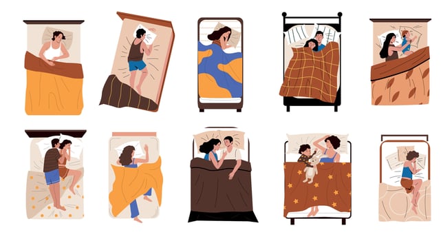 People sleeping in bed. Cartoon characters lying under blankets, dreaming and resting, various young and adult characters in different poses. Vector set