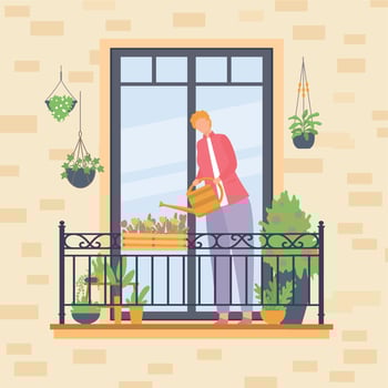 People take care home plants on balcony vector
