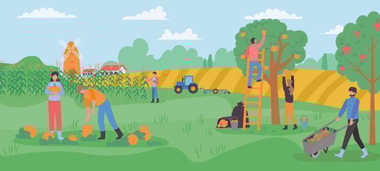 Autumn gathering, farmers collect harvest fruits in garden vector