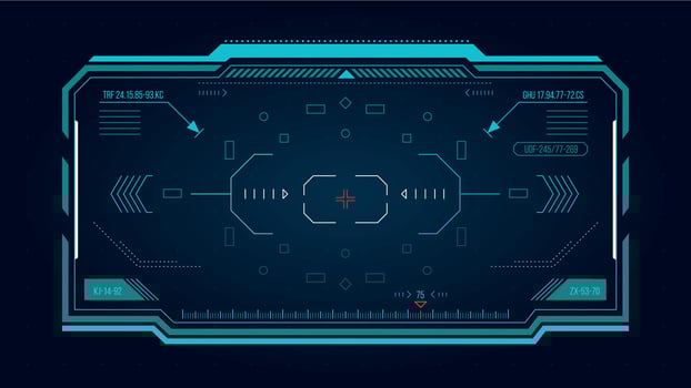 Futuristic HUS screen. Sci-Fi shooter game digital target aim, technology UI borders and frames, modern tech focus graphic design. Vector GUI screen