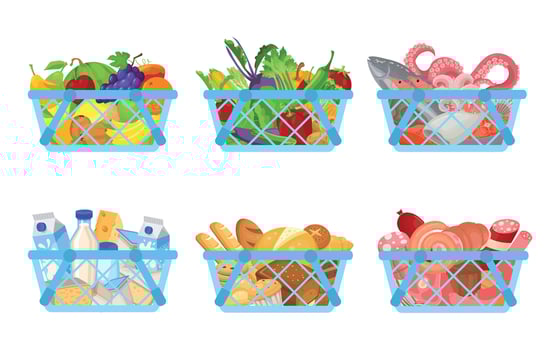Set of shopping baskets full of products as fruit, vegetables, seafood, diary and bakery products, meat vector