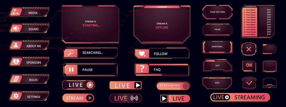 Game frame. Streaming interface elements, button icon frame futuristic layout asset, HUD live broadcast dashboard elements collection. Vector pop up stream set