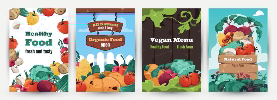 Healthy food posters. Banners layout with cartoon detailed vegetables, organic farm food brochure for restaurant menu. Vector vegan products presentation cover set