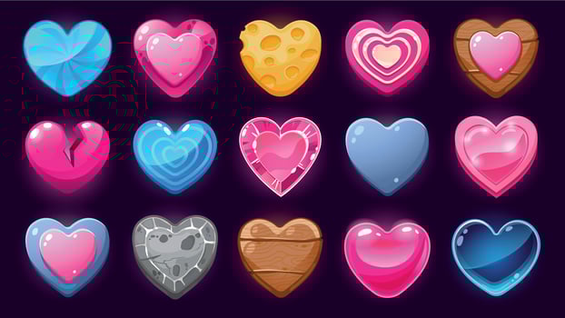 Cartoon hearts asset. Life level 2D game user interface icons, glossy candy heart buttons and sprite elements for mobile game. Vector heart design set