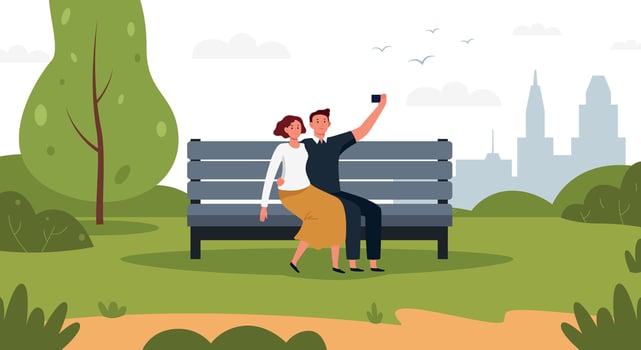 Couple taking selfie with smartphone outdoors in park vector
