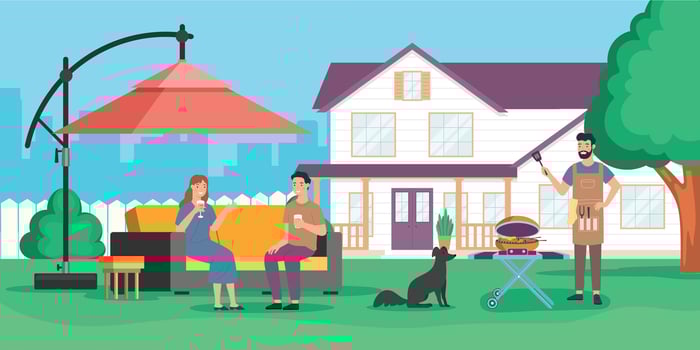 Family party with barbecue on backyard house vector
