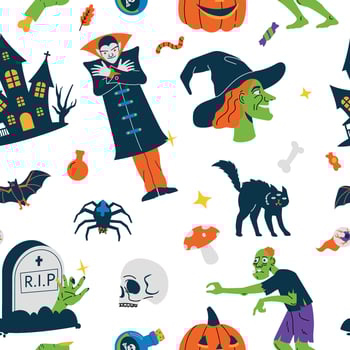 Halloween pattern. Seamless print with cute scary traditional symbols for october holiday decor packaging, cartoon spooky endless background. Vector texture