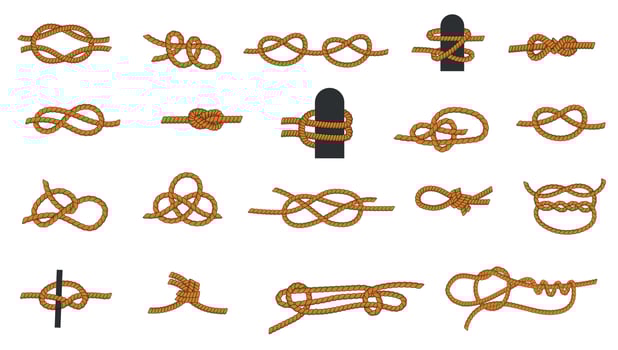 Knot types. Cartoon knotted rope with ties and threads for boating and sailing, eight knot and squareknot. Vector nautical icons collection
