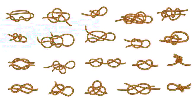 Rope knot. Marine and nautical ties and threads for boating and sailing, different types of tying knots graphic collection. Vector knotted rope set