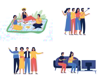 Happy friends spending time together. People having outdoor and indoor activities. Female and male characters having picnic vector