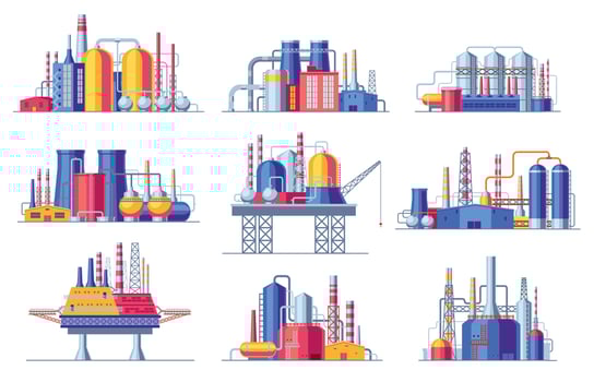 Oil industry constructions set. Petrochemical industrial buildings oil refinery factory icons, coal mining processing manufacturing objects. Vector collection