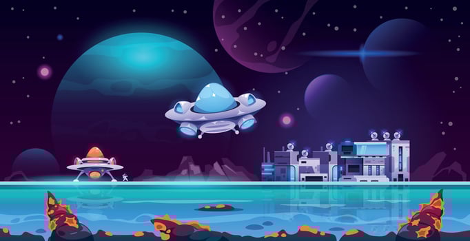 Alien colony landscape. Planet Mars colonization futuristic cartoon style, space station on galaxy surface universe exploration concept. Vector illustration