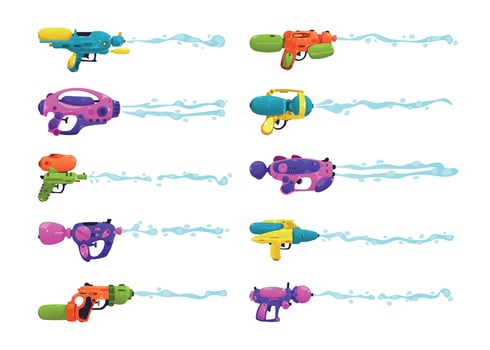 Water gun shot. Modern plastic toy weapon with wet spray for children fight games cartoon style, flat colorful waterguns with liquid splashes. Vector set