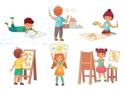 Drawing children, kid illustrator.Little boys and girls painting home, rainbow and cat with watercolors and crayons vector
