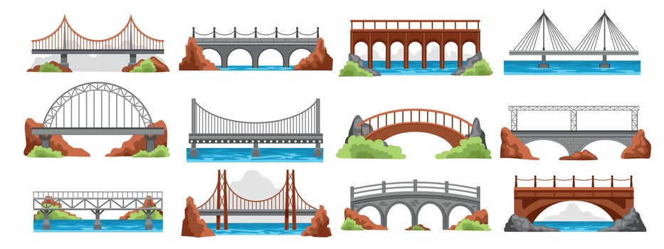 Cartoon bridge architecture. Suspension river crossing bridgework, railway road drawbridge in mountains, urban industrial construction. Vector set