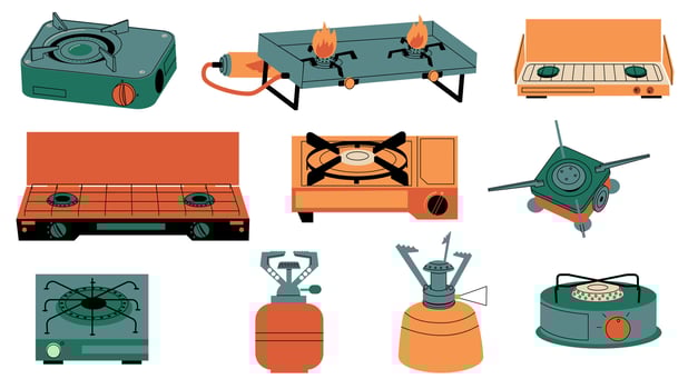 Camping stoves. Cartoon portable tourism gas burners, outdoor propane hob furnaces, camp picnic cooking equipment with open fire. Vector isolated set
