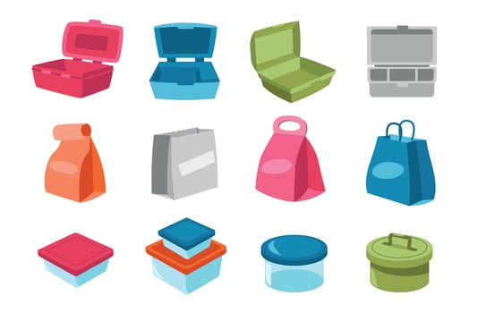 Lunchbox collection. Cartoon containers, disposable paper bags and plastic storage for snacks meal healthy daily food, lunch to go concept. Vector set