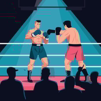 Fight on box ring. Cartoon muscular boxers boxing and wrestling on sparring arena, strong heavyweight fighter punching opponent in gloves. Vector illustration