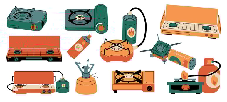 Gas stove. Camping portable burner with propane fuel balloons, expedition picnic equipment for outdoor cooking cartoon flat style. Vector set