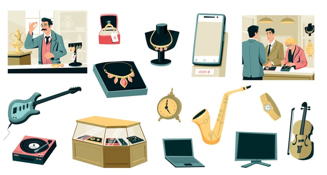Pawn shop collection. Cartoon pawnbroker sells jewelry collection to customer, store interior with valuable things and antiques, gems for collateral. Vector set