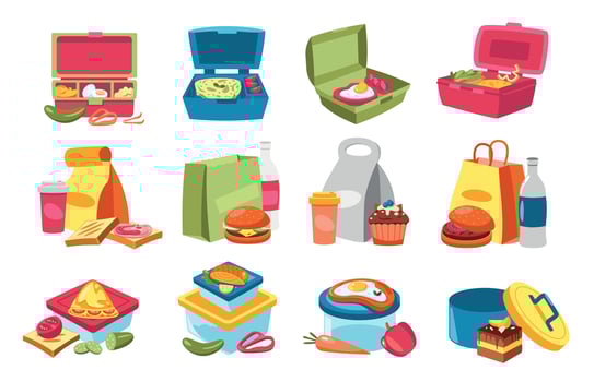 Lunchbox food. Containers with homemade snack, vegetables and fruits cartoon style, colorful healthy meal zero waste concept. Vector flat collection