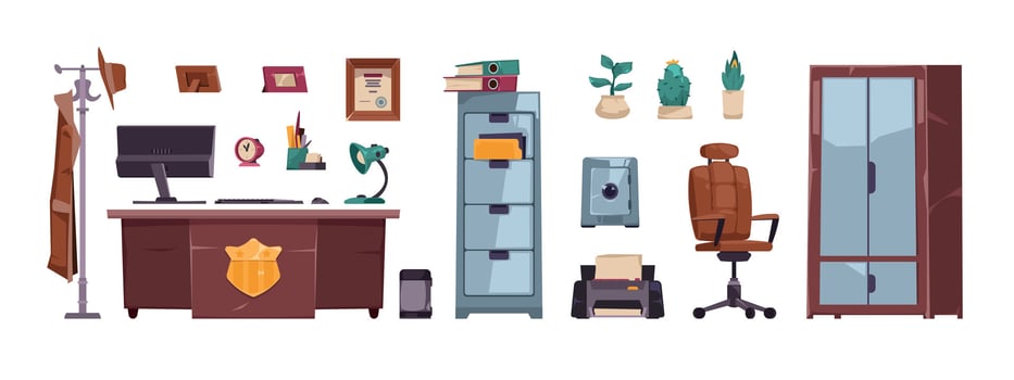 Detective office set. Police department interior elements, investigator workplace elements desk clue board with evidence flat style. Vector cartoon collection