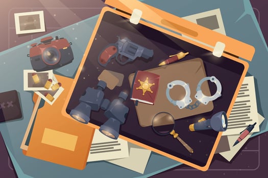 Detective desk. Police investigator workplace with equipment and crime evidence, cop office interior with desktop flat style. Vector isolated set