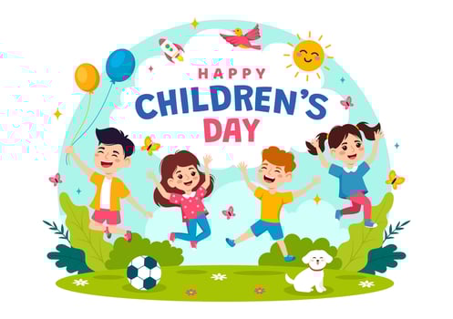 Happy Children's Day Vector Illustration with Kids Togetherness in Children Celebration Cartoon Bright Sky Blue Background and Green Field Design