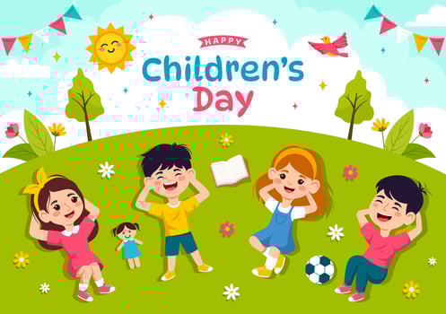 Happy Children's Day Vector Illustration with Kids Togetherness in Children Celebration Cartoon Bright Sky Blue Background and Green Field Design