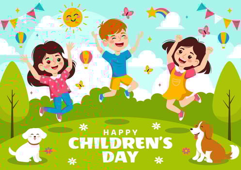 Happy Children's Day Vector Illustration with Kids Togetherness in Children Celebration Cartoon Bright Sky Blue Background and Green Field Design