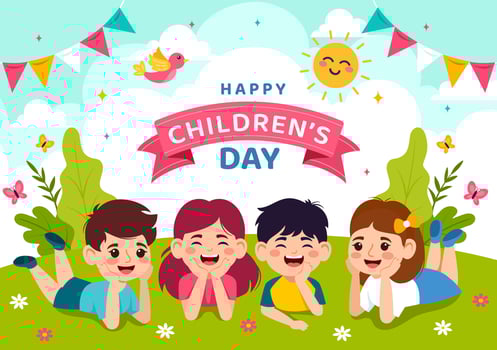 Happy Children's Day Vector Illustration with Kids Togetherness in Children Celebration Cartoon Bright Sky Blue Background and Green Field Design