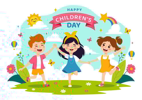 Happy Children's Day Vector Illustration with Kids Togetherness in Children Celebration Cartoon Bright Sky Blue Background and Green Field Design