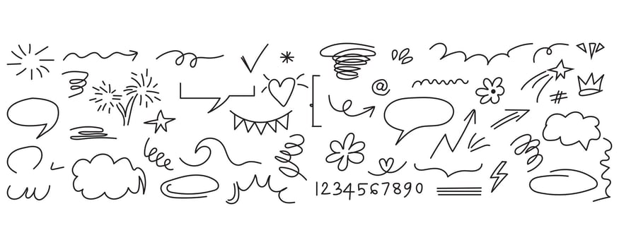 Hand drawn doodle design elements Sketch underline, emphasis, arrow shape set. brush stroke, highlight, speech bubble, underline, sparkle element. vector