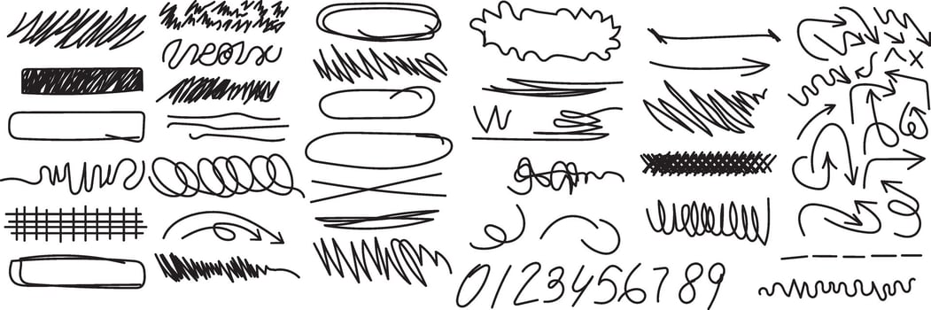 Set of Grungy Black Graphic Elements. Hand drawn Pencil or Marker underlines and strikethrough, scribble emphasis lines, circles, ovals and crosses. All Elements are grouped and isolated white, vector