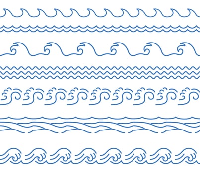 Water wave horizontal line. Seamless blue river wave border logo water symbol, ocean beach river tide outline symbol. Vector isolated set