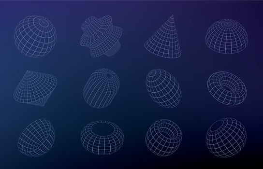 Grid geometric figures. Wirefram shapes indifferent sizes and styles, lowpoly solid unique polygonal figures. Vector set
