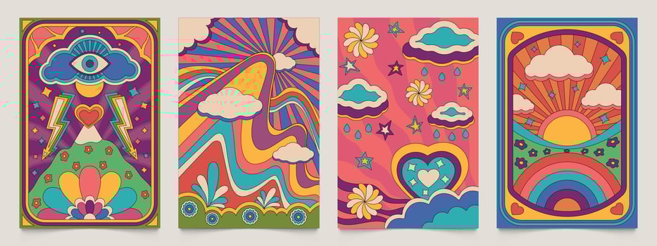 Hippie posters. Psychedelic retro wallpaper with floral chamomile flowers and plants, floral decorative design 1970s style. Vector abstract vintage wallpaper