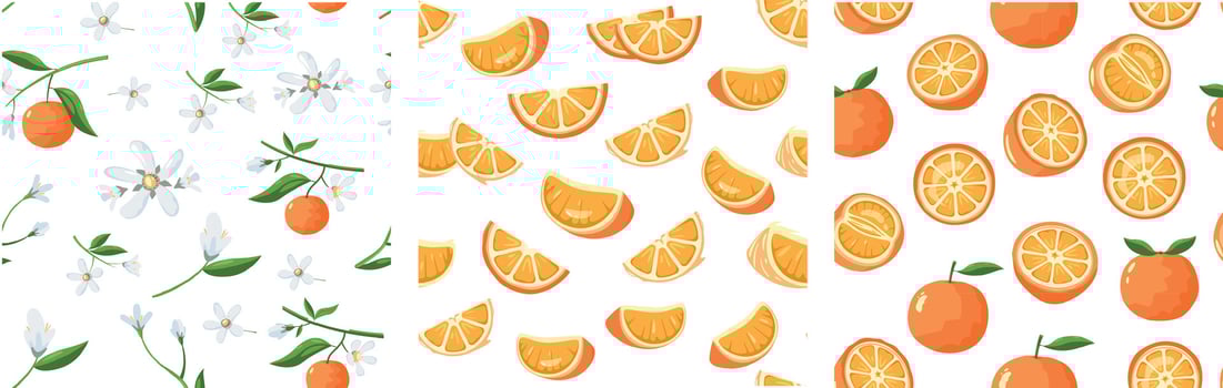 Orange pattern. Seamless print with cartoon tropical sweet tangerine fruits, cartoon background with nature organic citrus. Vector texture