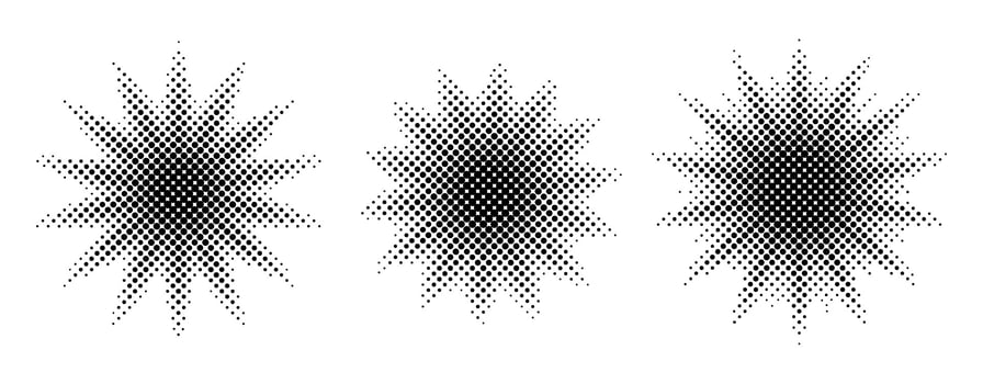 Star shape halftone gradient spots set. Abstract geometric star spotted elements. Pop art decorative backdrop. Manga style burst explosion background. vector
