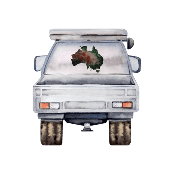 Off road car rear view. Decorated with Austratian map design. For tourism, travel, camping, outdoors, exploring, transport designs, prints, fliers. Watercolor illustration on transparent background png