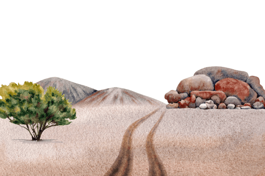 Outback landscape composition with sandy desert road, tree, hills, rock. Card design for touring, exploring, travel, camping. Copy space template. Watercolor illustration on transparent background png