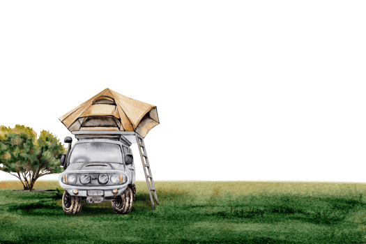 Car with roof top tent on grass with a tree. 4WD truck. Camping card design for adventure, tourism, outdoors, 4x4 off-roading. Copy space template. Watercolor illustration on transparent background png