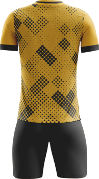 a yellow and black soccer jersey with black shorts back view png