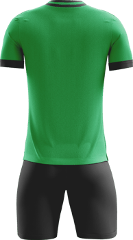 a green soccer jersey with black shorts back view png