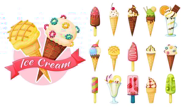 Cartoon ice cream of set with fruits or vanilla vector