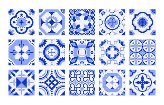 Portugal tiles. Mediterranean mosaic navy blue ornament, traditional floral decorative ceramic for interior, indigo square patchwork decor. Vector isolated set